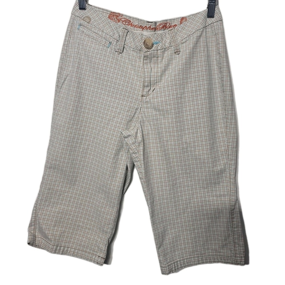 Christopher Blue Ladies Plaid Bermuda Shorts 6 Tan Blue White Cropped Preppy